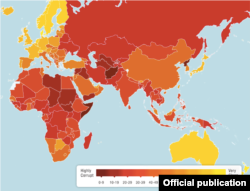 Карта по версии Transparency International о восприятии коррупции в странах. Наиболее коррупционные страны отмечены красным, наименее коррупционные - желтым маркером.