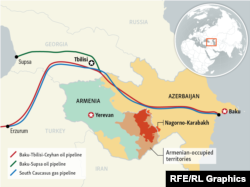 Карта трубопроводов из Азербайджана, проходящих рядом с территорией Нагорного Карабаха.