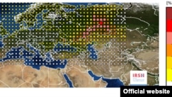 Карта Института ядерной и радиационной безопасности Франции (IRSN) об утечке радиации на ядерном объекте предположительно в России или Казахстане в конце сентября.